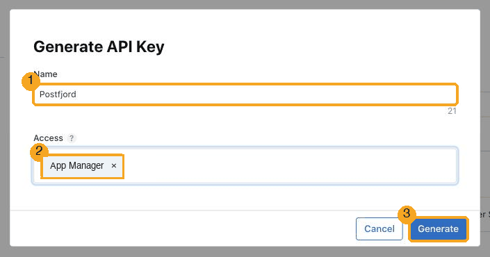 The Generate API Key window. 1: the name. 2: the Access list, where you pick App Manager. 3: the Generate button.