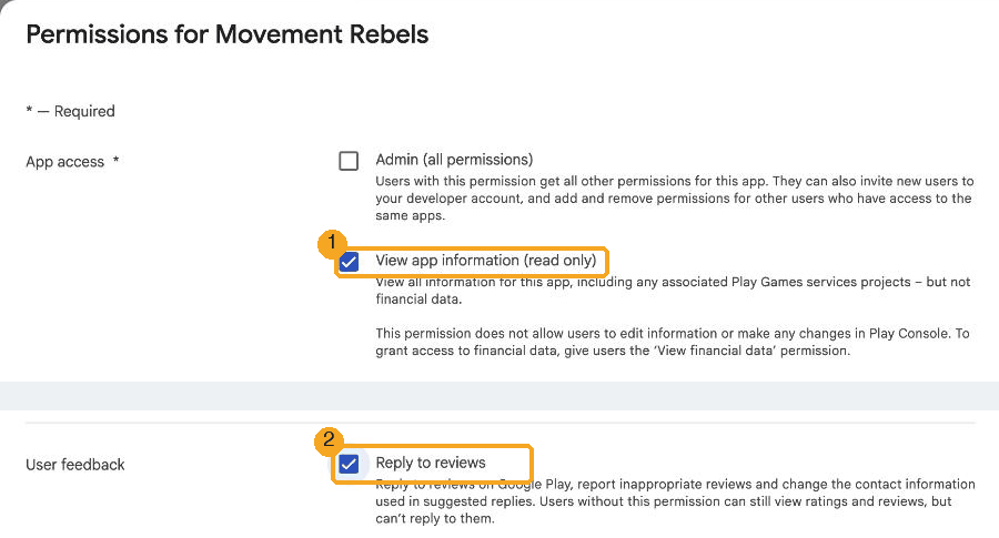 The permissions window. 1: View app information. 2: Reply to reviews. Both are ticked.