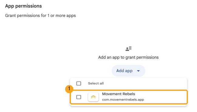 The Add app list. 1: the package name under the name of the app.