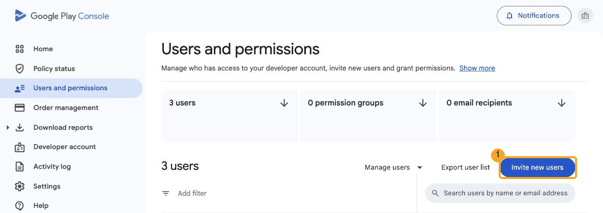 Users and permissions in Play Console. 1: the Invite new users button.
