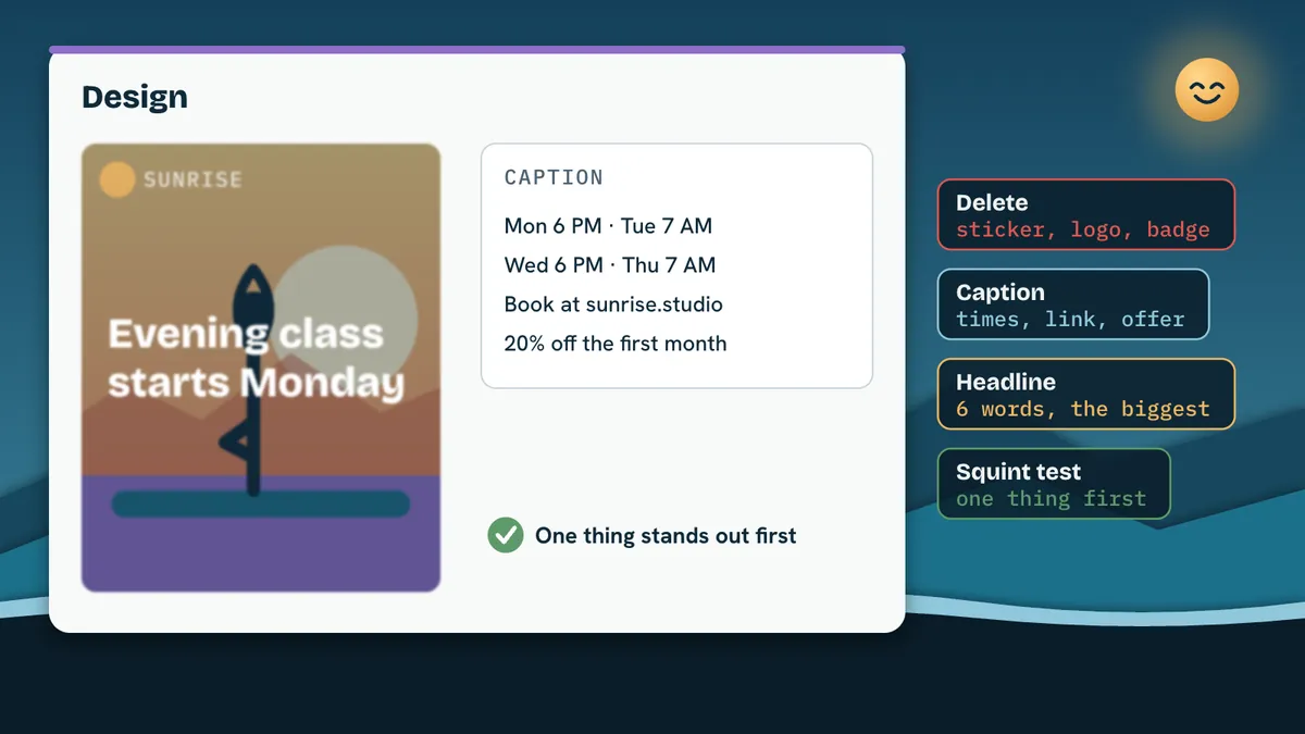 Postfjord Academy: a busy post becomes one message. The sticker, extra logo and badge are deleted, the times move to the caption, and the headline Evening class starts Monday grows.