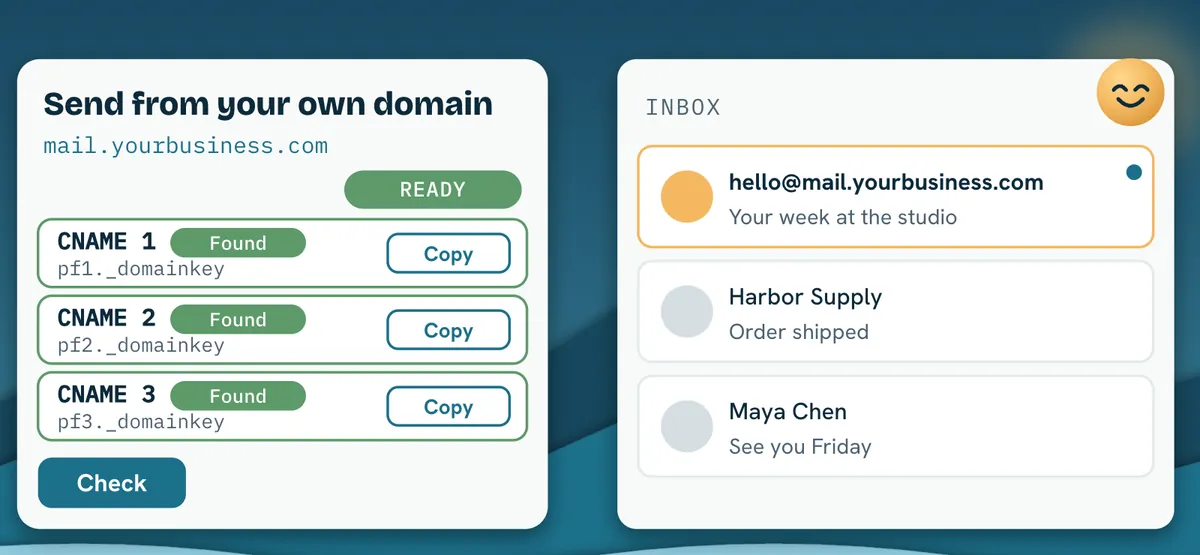 Postfjord email domain setup: three DNS records found and ready, and the first email from hello [at] mail.yourbusiness.com in the inbox.