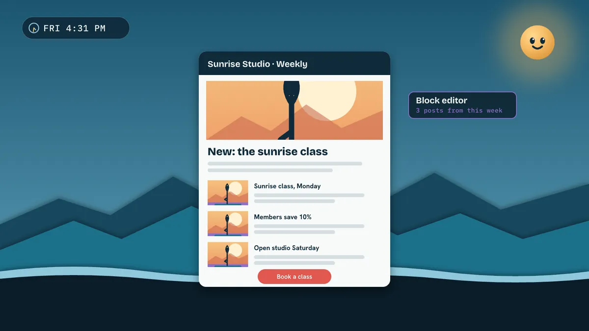 Postfjord Mail: a weekly studio newsletter built in the block editor from three posts of the week, with a Book a class button at the end.